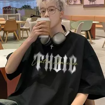 Мужская модная футболка с круглым вырезом и короткими рукавами с принтом для лета, свободный повседневный топ M чёрный