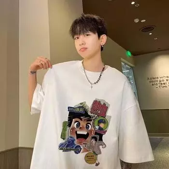 Мужская модная футболка с круглым вырезом и короткими рукавами с принтом для лета, свободный повседневный топ S чёрный