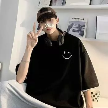 Мужская модная футболка с круглым вырезом и короткими рукавами с принтом для лета, свободный повседневный топ M чёрный