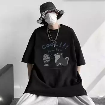 Мужская модная футболка с круглым вырезом и короткими рукавами с принтом для лета, свободный повседневный топ M чёрный