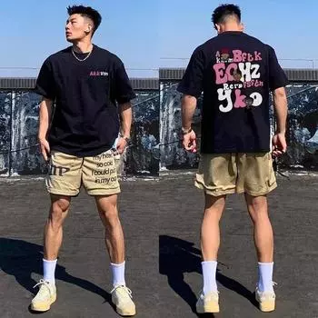 Мужская модная футболка с круглым вырезом и короткими рукавами с принтом для лета, свободный повседневный топ M чёрный