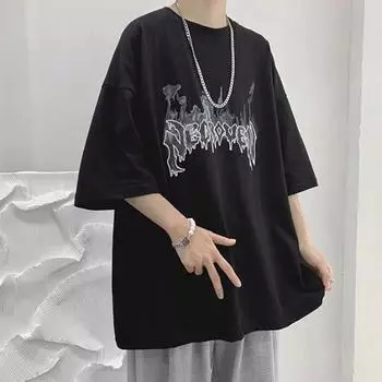 Мужская модная футболка с круглым вырезом и короткими рукавами с принтом для лета, свободный повседневный топ S чёрный