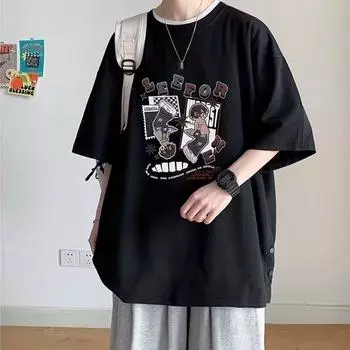 Мужская модная футболка с круглым вырезом и короткими рукавами с принтом для лета, свободный повседневный топ M чёрный