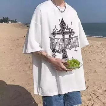 Мужская модная футболка с круглым вырезом и короткими рукавами с принтом для лета, свободный повседневный топ M чёрный