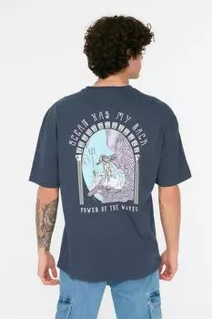 Мужская модная футболка с круглым вырезом, темно-синяя, непринужденная, повседневная, с коротким рукавом, футболка из 100% хлопка с художественным принтом