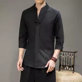 Мужская модная футболка с V-образным вырезом 2025 Мужские рубашки Харадзюку однотонные Мужская повседневная свободная рубашка в стиле ретро Рубашка-кимоно в китайском стиле L чёрный