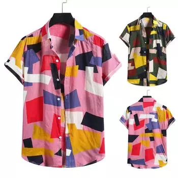 Мужская модная хлопково-льняная рубашка с короткими рукавами и принтом, блузка, топ L зелёный