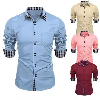 Мужская модная клетчатая рубашка с длинным рукавом, мужской топ с лацканами, лоскутная деловая приталенная повседневная рубашка S хаки