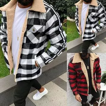 Мужская модная клетчатая термокуртка, кардиган, повседневная рубашка, плюшевый топ L чёрный