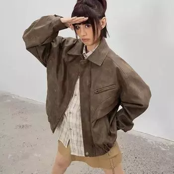 Мужская модная коричневая куртка из состаренной кожи - американский ретро-дизайн, повседневные лацканы. Medium коричневый