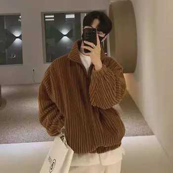 Мужская модная коричневая вельветовая куртка в корейском стиле - теплая повседневная куртка с воротником-стойкой для осени и зимы L чёрный