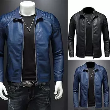 Мужская модная кожаная куртка с лепельным воротником, куртка из искусственной кожи, мужская противоветренная мотоциклетная куртка с лацканом, диагональная молния M чёрный