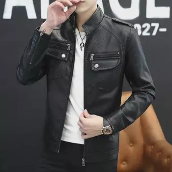 Мужская модная кожаная мотоциклетная куртка с воротником-стойкой и множеством карманов для осени и зимы L