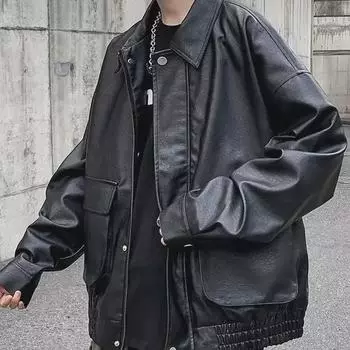 Мужская модная кожаная мотоциклетная куртка в гонконгском стиле - свободный крой, красивая рабочая парка L чёрный