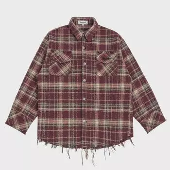 Мужская модная красная клетчатая куртка-рубашка с необработанным краем - в стиле американского ретро-хип-хопа со свободным кроем и карманом Large чёрный