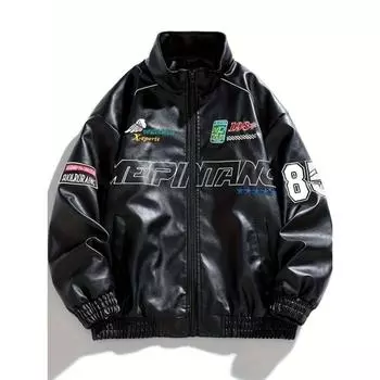 Мужская модная куртка из искусственной кожи на весну и осень, с вышитыми этикетками и надписями, воротником-стойкой, застежкой-молнией, длинными рукавами, универсальная. M белый