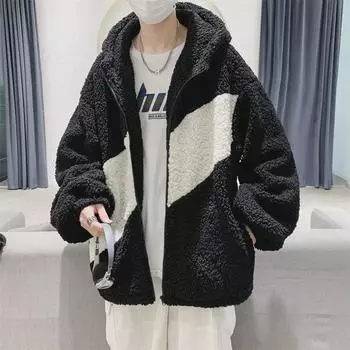 Мужская модная куртка с капюшоном из овечьей шерсти — в стиле хип-хоп, утолщенная и свободная, в духе Гонконга и Кореи, для осени/зимы серый