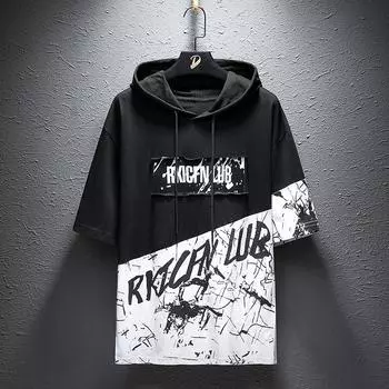 Мужская модная летняя футболка с капюшоном - свободный крой, короткие рукава M