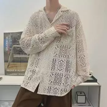 Мужская модная летняя рубашка свободного кроя с длинным рукавом и жаккардовым воротником 2XL абрикосовый