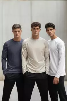 Мужская модная новая футболка темно-серо-бежевого-белого узкого кроя, комплект из 3 предметов, базовая футболка из 100% хлопка с длинными рукавами