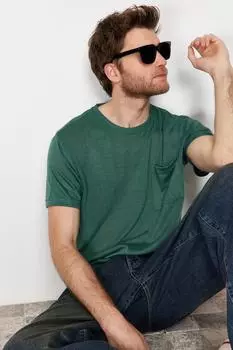 Мужская модная новая футболка зеленая, стандартного кроя, с карманами, льняная футболка с короткими рукавами