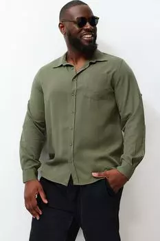 Мужская модная новая рубашка большого размера цвета хаки. Удобная натуральная дышащая рубашка из 100% лиоцелла. Удобная рубашка обычного кроя большого размера.