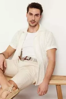 Мужская модная новая рубашка цвета экрю, классическая рубашка с открытым воротником, трикотажная рубашка