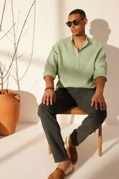 Мужская модная новая рубашка мятного цвета, ограниченная серия, 100% льняная рубашка с обычным воротником и полупланкой