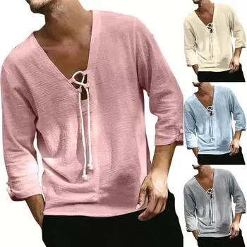 Мужская модная одежда с галстуком и v-образным вырезом, пляжная хлопковая льняная рубашка, повседневная розовая, белая блузка с рукавами три четверти, мужские однотонные топы M светло-синий