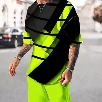 Мужская модная одежда с геометрическим узором из 2 предметов, повседневная футболка с коротким рукавом и шорты с круглым вырезом для весенне-летних тренировок, мужская одежда с принтом S