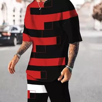 Мужская модная одежда с геометрическим узором из 2 предметов, повседневная футболка с коротким рукавом и шорты с круглым вырезом для весенне-летних тренировок, мужская одежда с принтом S