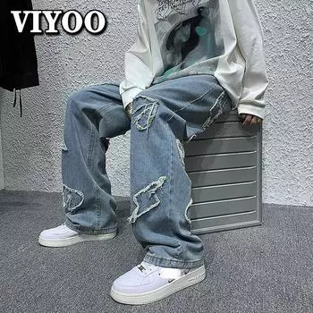 Мужская модная одежда в стиле хип-хоп Y2K с вышивкой, мешковатые широкие джинсы, прямые брюки, уличная одежда, спортивные брюки для мужчин S синий