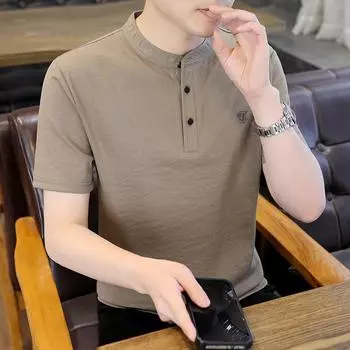 Мужская модная однотонная хлопково-льняная футболка с короткими рукавами для мужчин, новый летний универсальный топ с полуоткрытой передней частью M хаки