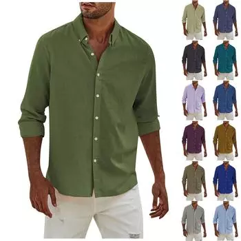 Мужская модная однотонная повседневная футболка с длинным рукавом и пуговицами, рубашка обычного кроя, топ XL циан