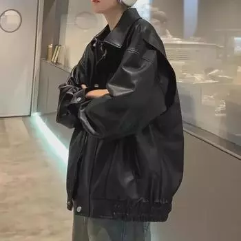 Мужская модная осенняя кожаная мотоциклетная куртка - повседневный свободный крой с отворотом XL