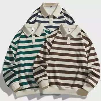 Мужская модная полосатая рубашка-поло с длинными рукавами — повседневная, свободная, весна/осень, для пар XL коричневый
