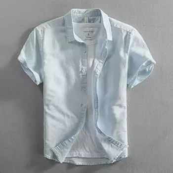 Мужская модная повседневная белая рубашка из хлопка и льна с коротким рукавом 2XL (Weight: 145-155 lbs)