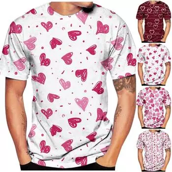 Мужская модная повседневная блузка с круглым вырезом и коротким рукавом с принтом ко Дню святого Валентина XXL горячий розовый
