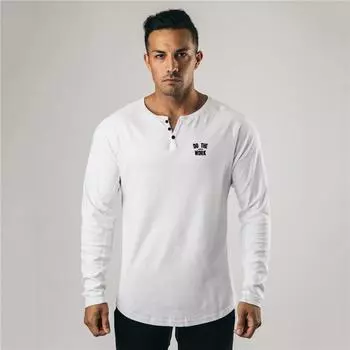 Мужская модная повседневная футболка с длинным рукавом и воротником Генри, простая приталенная футболка для фитнеса, 4 цвета M чёрный
