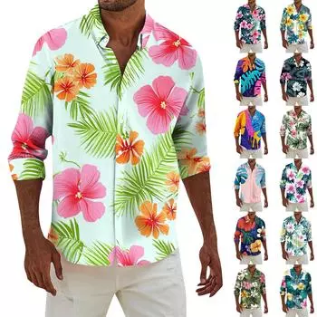 Мужская модная повседневная футболка с длинным рукавом и принтом на пуговицах, рубашка обычного кроя M