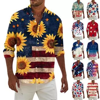 Мужская модная повседневная футболка с длинным рукавом и принтом «День независимости» на пуговицах, рубашка обычного кроя XL оранжевый