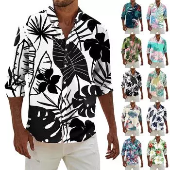 Мужская модная повседневная футболка с длинным рукавом и принтом на пуговицах, рубашка обычного кроя XL тёмно-синий