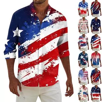 Мужская модная повседневная футболка с длинным рукавом и принтом «День независимости» на пуговицах, рубашка обычного кроя M