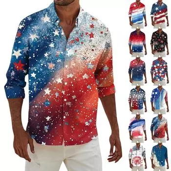 Мужская модная повседневная футболка с длинным рукавом и принтом «День независимости» на пуговицах, рубашка обычного кроя L