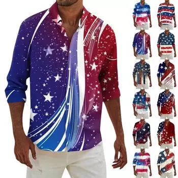 Мужская модная повседневная футболка с длинным рукавом и принтом «День независимости» на пуговицах, рубашка обычного кроя L бежевый