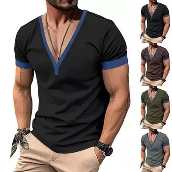 Мужская модная повседневная футболка с V-образным вырезом и короткими рукавами на пуговицах M