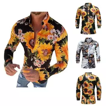 Мужская модная повседневная гавайская пляжная дышащая рубашка с отворотом и длинным рукавом L белый