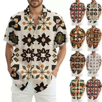 Мужская модная, повседневная и свободная рубашка в стиле бохо с короткими рукавами и принтом L коричневый