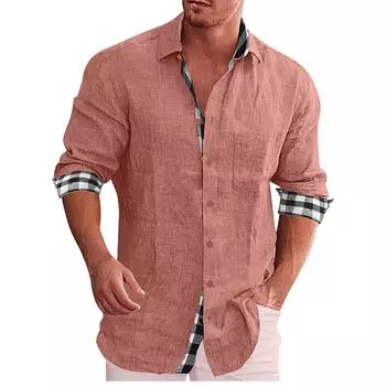 Мужская модная повседневная карманная однотонная футболка с длинным рукавом на пуговицах, блузка L розовый