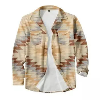 Мужская модная повседневная куртка-кардиган с длинными рукавами на пуговицах и этническим принтом XL хаки